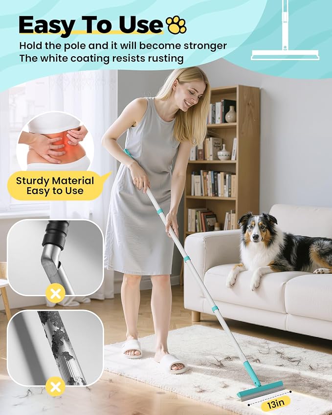 Carpet Rake for Pet Hair Removal Tool - 4 in 1 Pet Hair Remover Kit for Dog Cat Fur Remover, Contain 60" Adjustable Rubber Broom, Glove, Magic Brush and Scraper for Furniture (Blue)