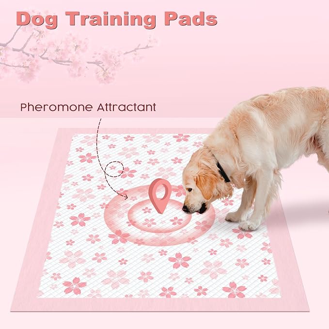 MIZOK Puppy Pads 22x22in Pee Pads for Dogs with Cherry Blossom Pattern 6 Layer Super Absorbent for Up to 4 Cups Dog Pee Pads Leak-Proof Dog Pads for Small Dogs, Puppies, Doggie (28x34in | 40Ct-Pink)