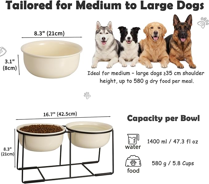 Ceramic Elevated Dog Bowl Set - Raised Double Feeding Bowls with Metal Stand - Pet Dishes for Medium and Large Dogs - 5.8 Cups - 47.3 fl oz - Beige
