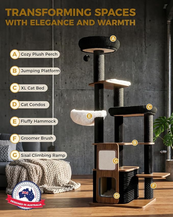 63" Wooden Cat Tree, Modern Cat Tower, Self-Grooming Brush, Walnut | Heavy Duty Cat Tree, Cats Furniture, for Large Cats up to 15 lbs, Climbing Post, Plush Top Perch, Stable Base, Cozy Cat Condo