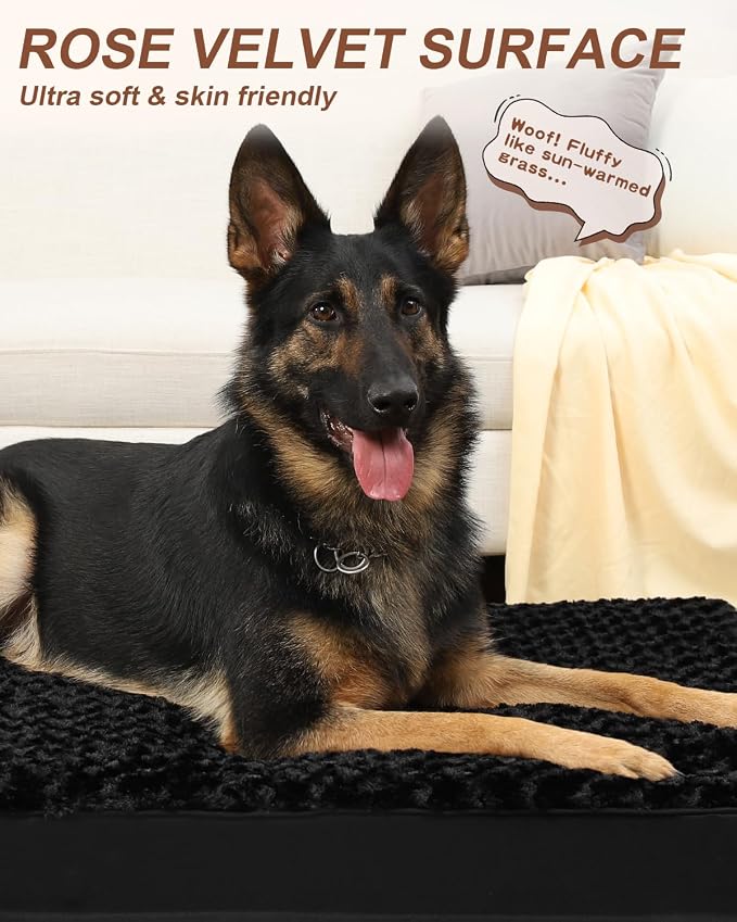 KSIIA Washable Dog Bed for Crate Waterproof for Large Dogs,47x29 in,Black | 3in egg crate foam,orthopedic support,Soft rose velvet,3ply waterproof fabric,removable cover,anti-slip base,washable