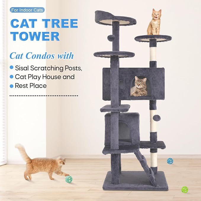 FDW | 54" Cat Tree Tower | Ashy | Multi-Level Indoor Activity Center | with Sisal Scratching Posts, Condos, Plush Perches, Hanging Cat Toys | Sturdy, Easy to Assemble | for Kittens & Adult Cats