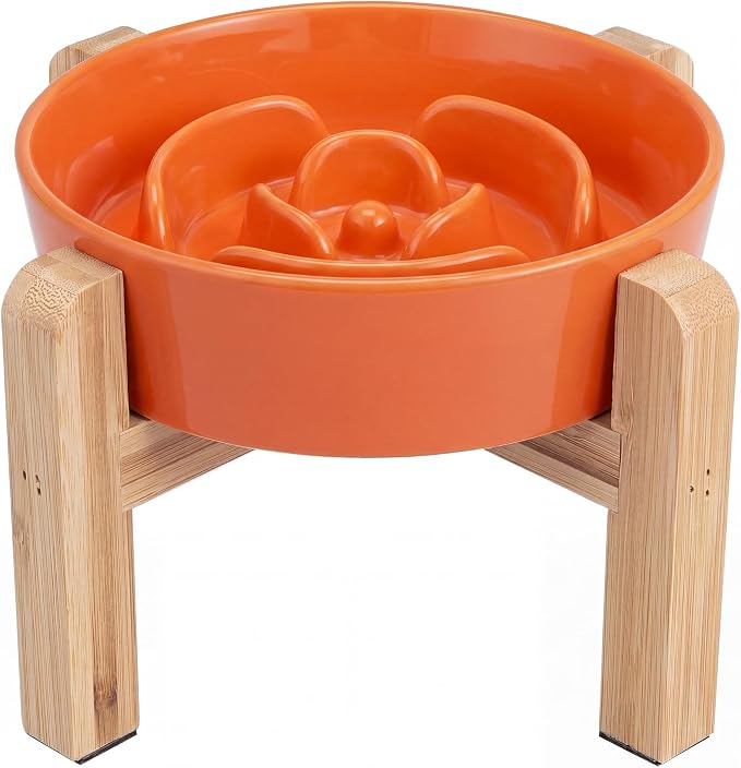 Elevated Slow Feeder Dog Bowl - Ceramic Maze Food Dish with Bamboo Stand - Raised Feeding Bowl for Fast Eaters - Ideal for Small and Medium Dogs - Orange - 6.7 inch