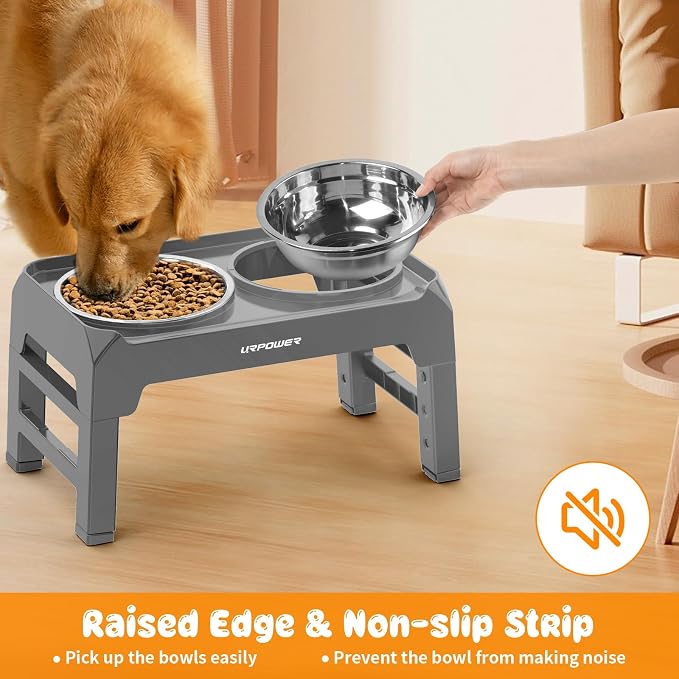 URPOWER Raised Dog Bowls 4 Height Adjustable Elevated Bowl Stand | Stainless Steel Water Bowl Non-Slip Dog Food Bowls Stand for Small Medium Large Dogs and Pets