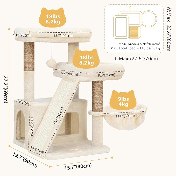 Heybly Compact Cat Tree with Big Scratcher, Stable Cat Tower HCT206SMJ | 27.2" Cat Furniture with 2 Top Perches, Floor Cat Condo, Cozy Hammock, Space-Saving Cat Activity Center, Beige