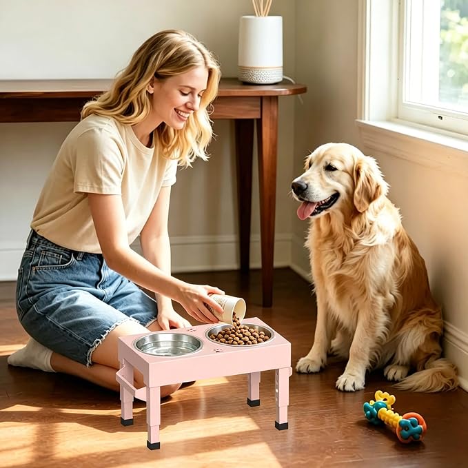 Elevated Dog Bowls Stand Large Breed, Height Adjustable Raised Dog Bowls Holder with 2 Stainless Steel Food Bowls for Small, Medium and Large Canine，Pink