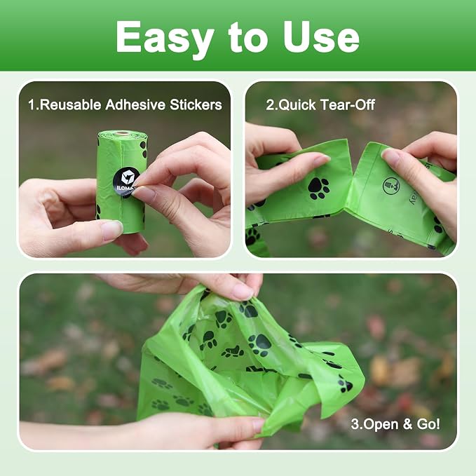 ILOMAX Dog Poop Bags with Dispenser, 270 Unscented Waste Bags (38% Plant-Based), Extra Thick Leak-Proof Refill Rolls for Dogs & Cats – 18 Rolls + Holder