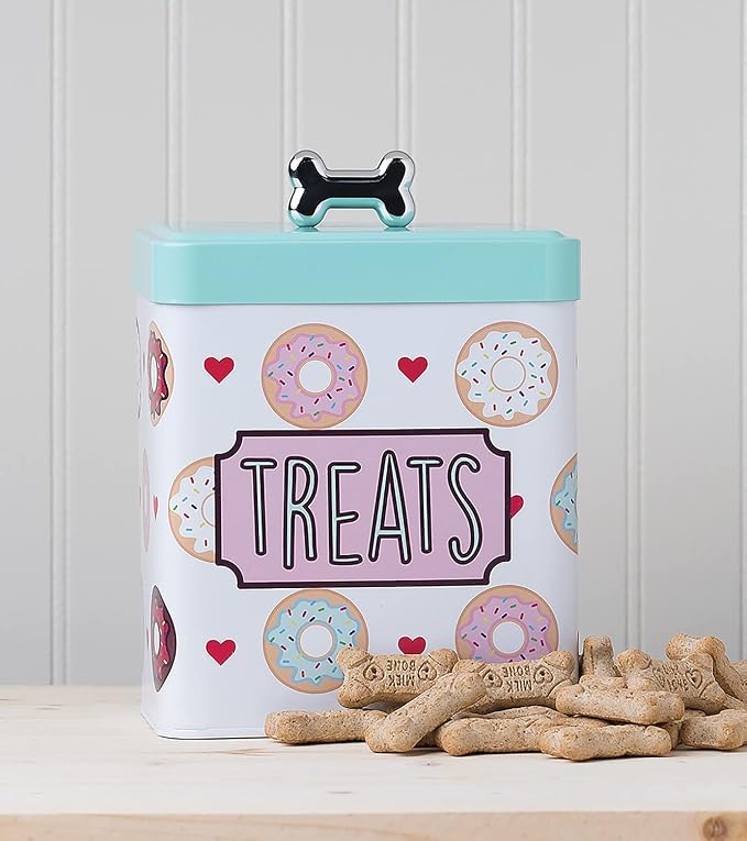 Amici Pet, , Barkers Dozen Metal Treats Canister, Doughnuts and Hearts Design, Food Safe, Push Top Lid with Metal Bone Shaped Knob, 96 Ounce Capacity