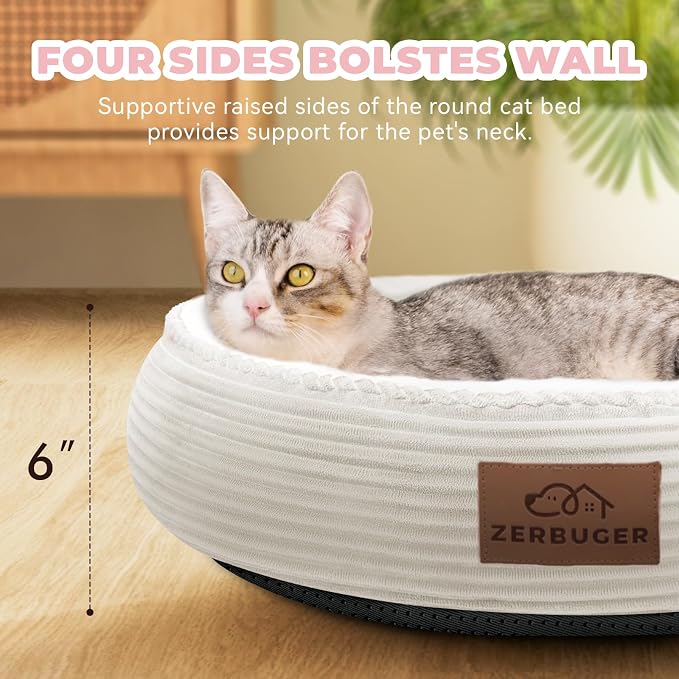 Zerbuger 20in Cream Round Cat Dog Bed Gift for Large Medium Small Dogs Cats, Machine Washable Sleeping Sofa, Non-Slip Bottom Breathable Soft Calming Pet Cuddler for Indoor/Outdoor/Car/Cage