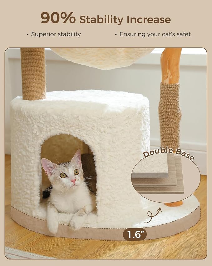 MUTTROS Modern Cat Tree for Large Cats, Wood Cat Tower for Indoor Cats, Real Branch Luxury Cat Furniture with Super Large Cozy Condo and Hammock & Scratching Post, Top Basket, White