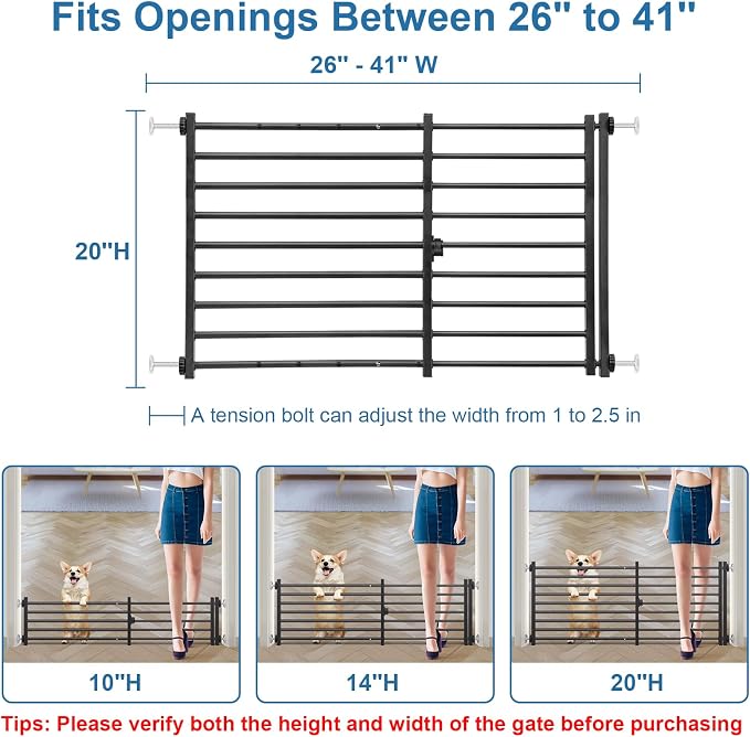 Malier Indoor Dog Gate with Door, 26-41" Extra Wide Full Metal Pet Gate Short Dog Gate for Stairs, Pressure Mount 20'' Tall Small Puppy Gate, Easy Step Over Low Gate for Doorways