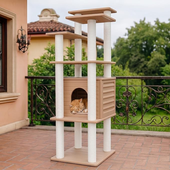 62"Tall Outdoor Cat Tree,Weatherproof Large Cat Condo with Scratching Posts | Khaki Multi-Level Cat Tree Design,Polypropylene Scratching Posts,Suitable for Indoor and Outside Use,Easy to Assemble CTT-10