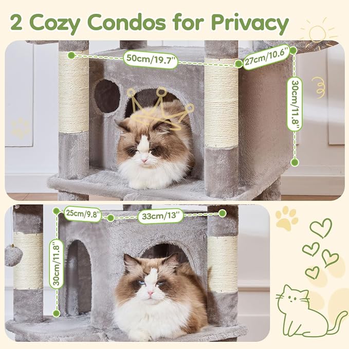 Taoqimiao Cat Tree for Large Cats, 76.8 Inches XL Cat Tower for Indoor Cats | 2 Scratch Boards, 3 Top Perches, 9 Scratching Posts, Multi-Level Cat Tree with 2 Condos, 2 Cozy Basket, Light Gray, T20W