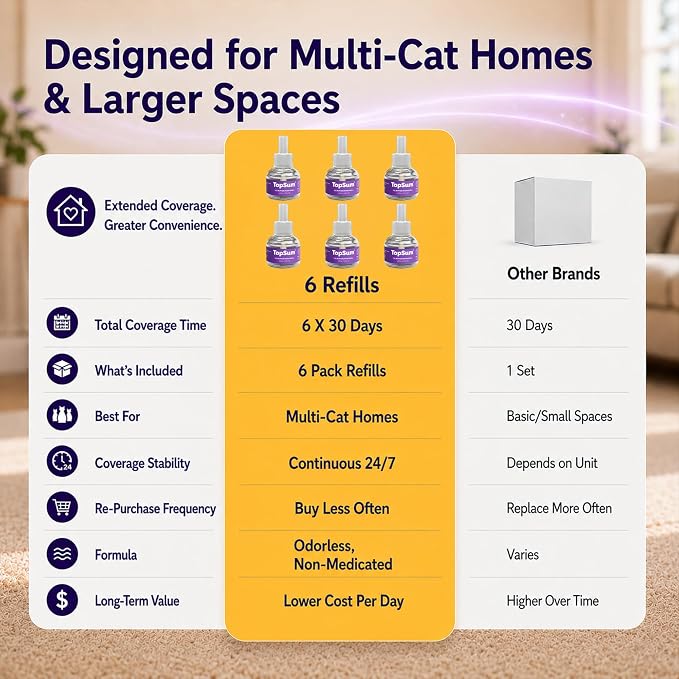 TopSum Cat Calming Pheromone Diffuser: Feline Pheromones Plug in for Stress, Alone At Home, Spraying, Fighting, Scratching, Aggression & Excessive Meowing (Purple– 6 Refills)