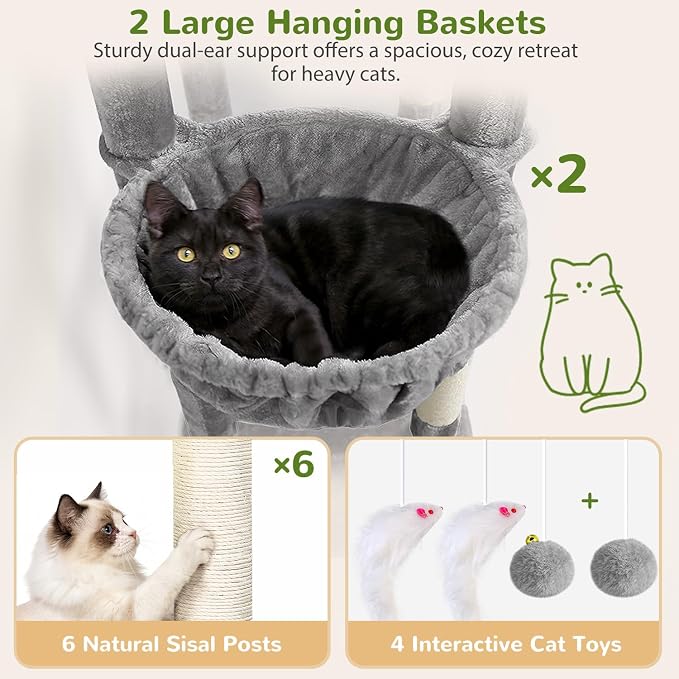 Globlazer 75in Sturdy Cat Tree Tower for Indoor Large Cat, S75, Light Grey | Multi-Level Heavy Duty Cat Tower with Scratching Post, Oversized Condos & Perches for Big Cats, Large Baskets, Enlarged Base