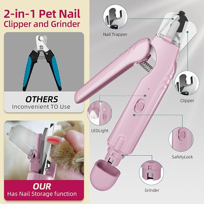 2 in 1 Dog & Cat Pets Nail Clippers and Grinder with Lights - Safety Guard to Avoid Overcutting,Professional Pet Nail Claw Trimmers, Professional Grooming Tools for Pets (Medium & Small Pet) (Pink) | Safety Guard to Avoid Overcutting, Sharp Blade, Pain...