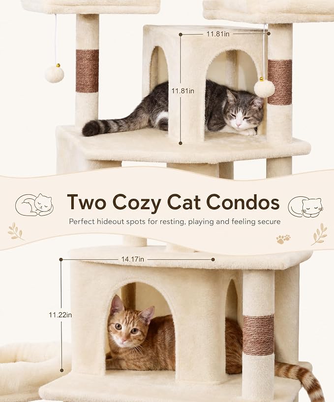 Cat Tower, 71 Inch Heavy Duty Cat Tree for Large Cats | Tall Multi-Level Cat Tree Tower with Extended Base, 2 Condos, 3 Perches, 9 Sisal Posts & Hammock for Indoor Adult Cats, Beige