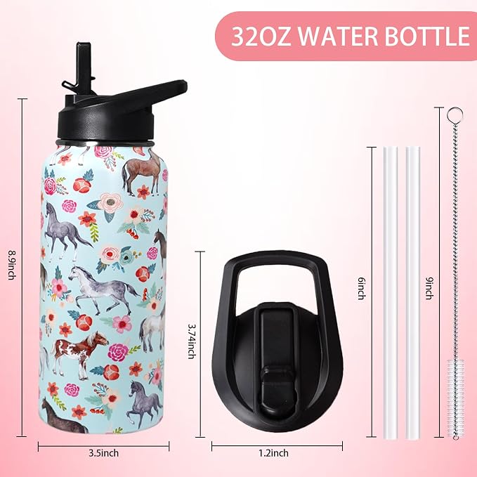32oz Horse Stainless Insulated Aater Water Bottle with Straw,Horse Gym Hiking Sports Coffee Mug Cup Water Bottles,Horse Gifts for Women,Horse Decor Stuff Accessories