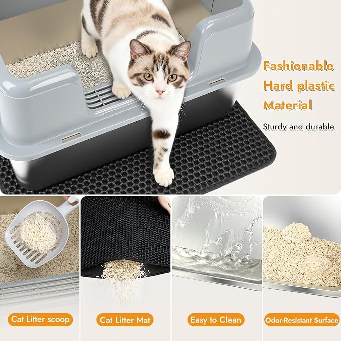 Vivifying Stainless Steel Cat Litter Box, Large Semi-Enclosed Litter Box with Lid and Mat, Anti-Leakage Metal Pan for Easy Cleaning & Odor Control (Gray)