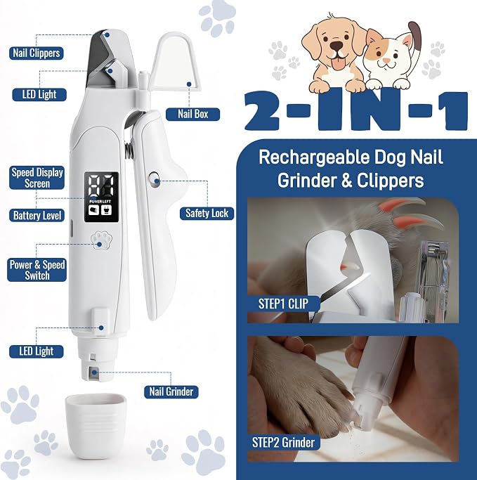 Dog Nail Clippers with Light, 2-in-1 Cat Nail Clippers - Electric Rechargeable Pet Nail Grinder Trimmer with LED Light & Safety Guard, Cordless for Small Medium Dogs Cats