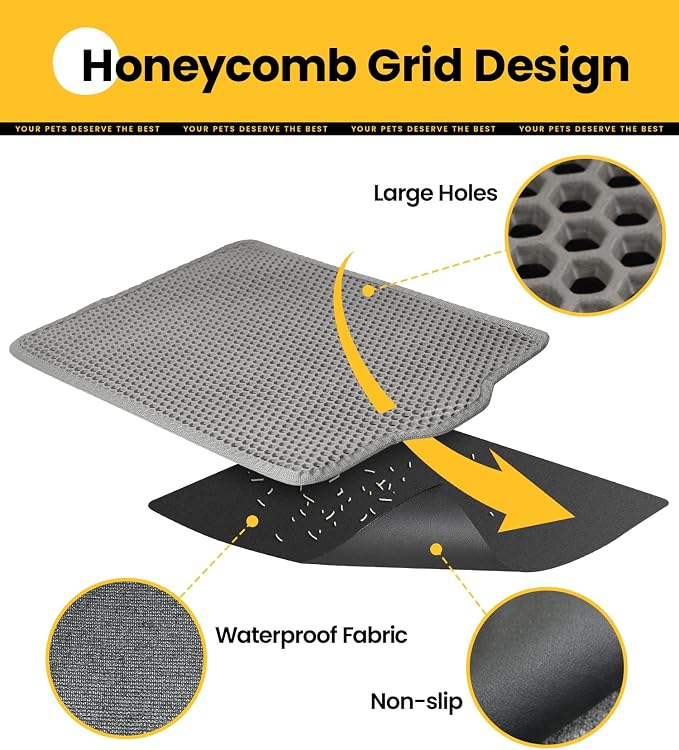 Conlun Cat litter Mat 30"x22", Large Honeycomb Double Layer Waterproof Trapping Waste for Kitty Litter Box, Easy Clean Non-Slip Cat Matt on Floor, Gray