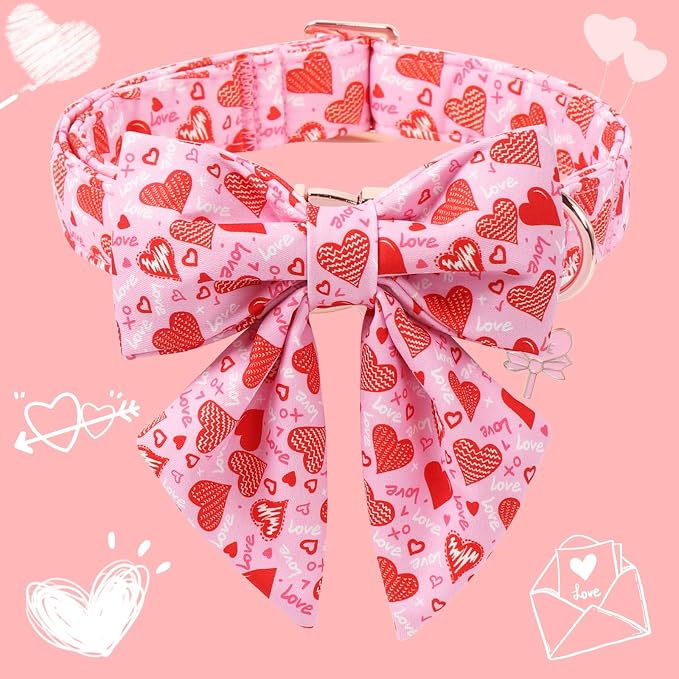 DOGWONG Valentine's Day Dog Collar with Bow Tie - Adorable Pet Collar Red Hearts with Rose Gold Buckle for Large Medium Small Dog Walking, S