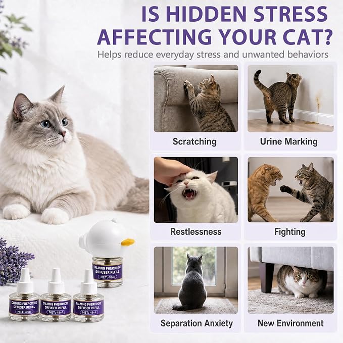 Cat Calming Diffuser with 3 Refills, 3 x 30 Day Cat Pheromone Diffuser for Stress, Fighting, Aggression, Excessive Meowing & Scratching, Best for Multi-Cat Home