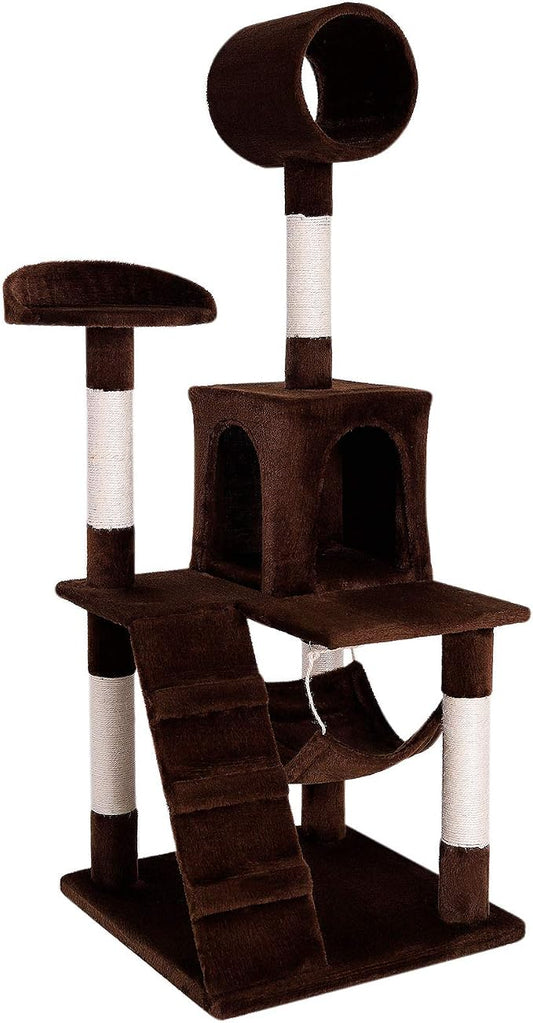lionto Scratching Tree for Cats with Hammock & Tunnel, Height 52,4 in, cat Tree with sisal Rope & Soft Plush, Cozy Lying Areas & Caves, Suitable for Small & Large Cats, Brown