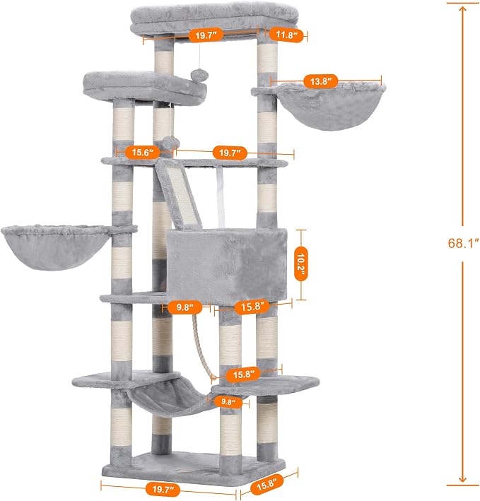 Heybly Cat Tree, 68 inch Multi-Level Cat Tower for Indoor Cats HCT025W | Cat Condo with 2 Widened Plush Perches, 2 Cozy Baskets, Scratching Board and Big Caves, Light Gray