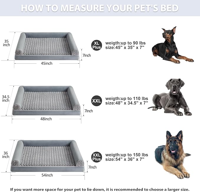 BFPETHOME Orthopedic Washable XXL Dog Bed for Senior Dog Cozy Sleep | Extra Large Waterproof Big Soft Pet Couch Bed for Dogs Relax with Removable Cover Supportive Egg Crate Foam Grey 48x35 Inch