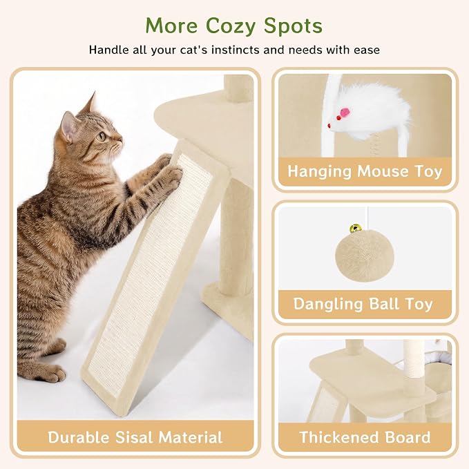 Multi-Level Cat Tree with 2 Cozy Condos, 89" Tall Cat Tower for Large Cats, Heavy Duty, Scratch Posts & Perches (Beige)