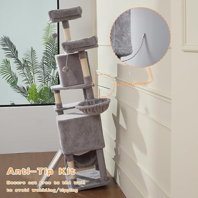 Letkind Cat Tree, 70-Inch Cat Tree Tower with Hammock, Scratching Post, Condo and Multi-Level Cat Tower, Large Cat Activity Center Playhouse, Light Gray LCT015