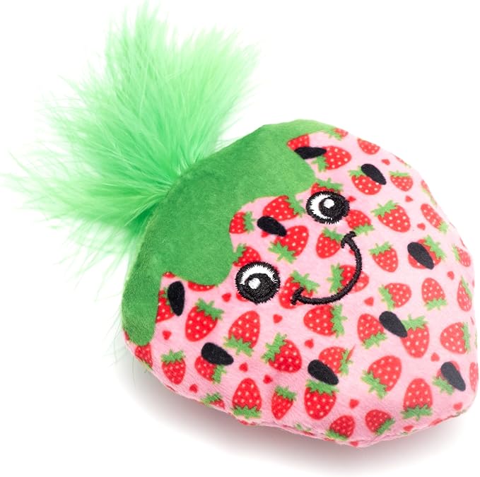 The Worthy Dog Strawberry Plush Cat Toy – Soft Crinkle Catnip Toy with Organic Catnip for Interactive Play, Safe Non-Toxic Materials - Pink, One Size