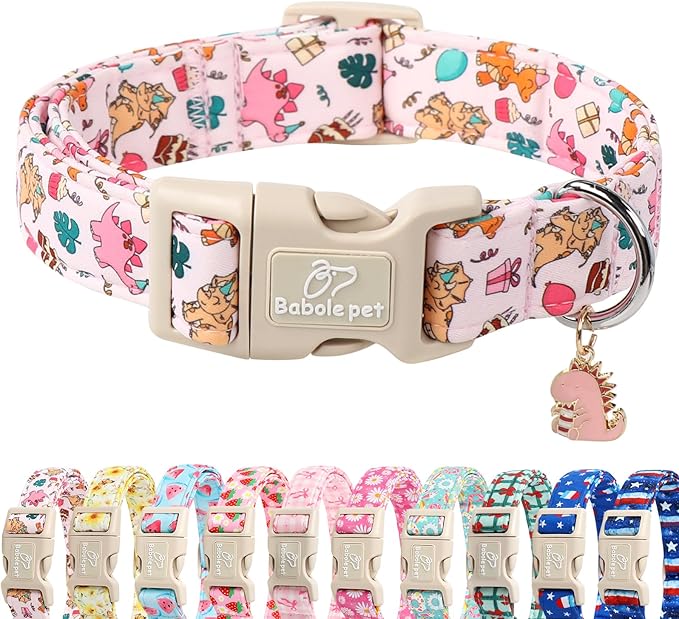 Cute Dinosaur Dog Collar, Adjustable Pink Dino Dog Collars for Small Dogs, Lightweight Quick-Release Buckle Birthday Collar for Boy&Girl Dogs S