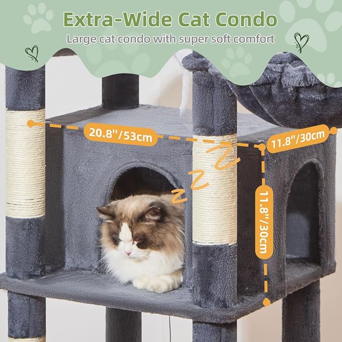 Taoqimiao Heavy-Duty Cat Tree, 71 in Cat Tower for Large Cats 20lbs+ | 3 Giant Multi-Tier Perches, Widened Cat Condo with 9 Scratching Posts, Plush Hammock & Basket, Toys, Smoky Gray, MS034G