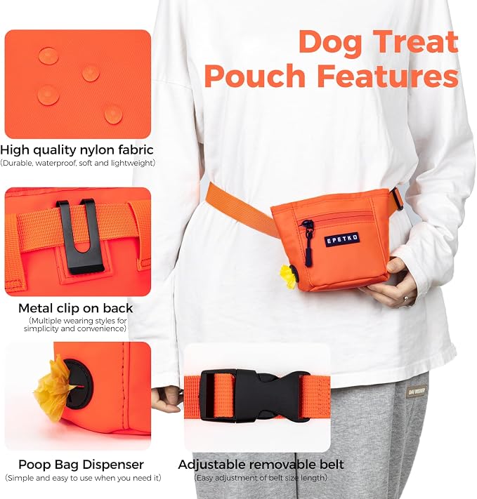 Dog Treat Pouch, Powerful Magnet Closure Device Dog Training Treat Bag Large Capacity Pet Treat Pouch with Poop Bag Dispenser Treat Bag for Dog Training with Metal Waistband Clip (Orange)
