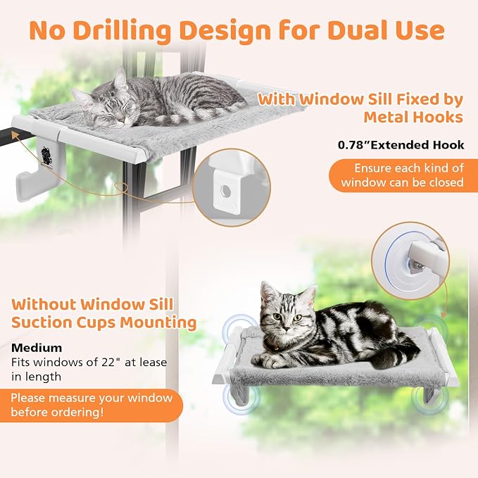 2-in-1 Fleece Adjustable Cat Window Perch, 22 x 13-in