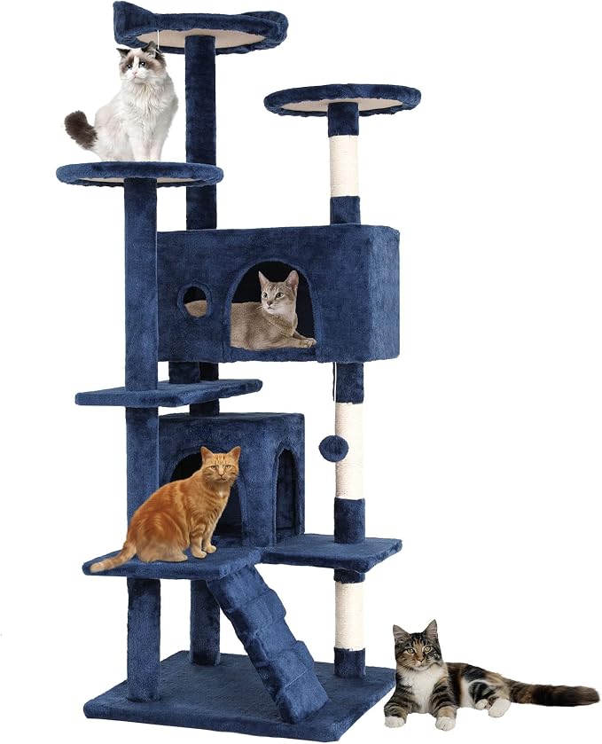 BestPet | 54" Cat Tree Tower | Navy Blue | Sturdy Multi-Level Cat Tree | with Plush Condo, Cozy Perch, Sisal Scratching Posts, Hanging Toy and Stable Frame | Easy Assembly | for Kittens & Adult Cats