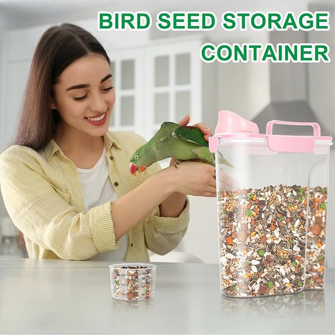 Pet Dog Cat Food Storage Container 5 to 7 lbs with Can Cover and Mixing Spoon, Airtight Pet Food Storage Dispenser with Large Spout & Measuring Cup for Kibble Dog Treat Bird Seed Container -Pink