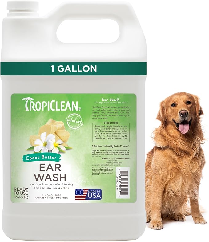 TropiClean Dog Ear Wash, Alcohol Free Ear Cleaning Solution, 1 Gallon