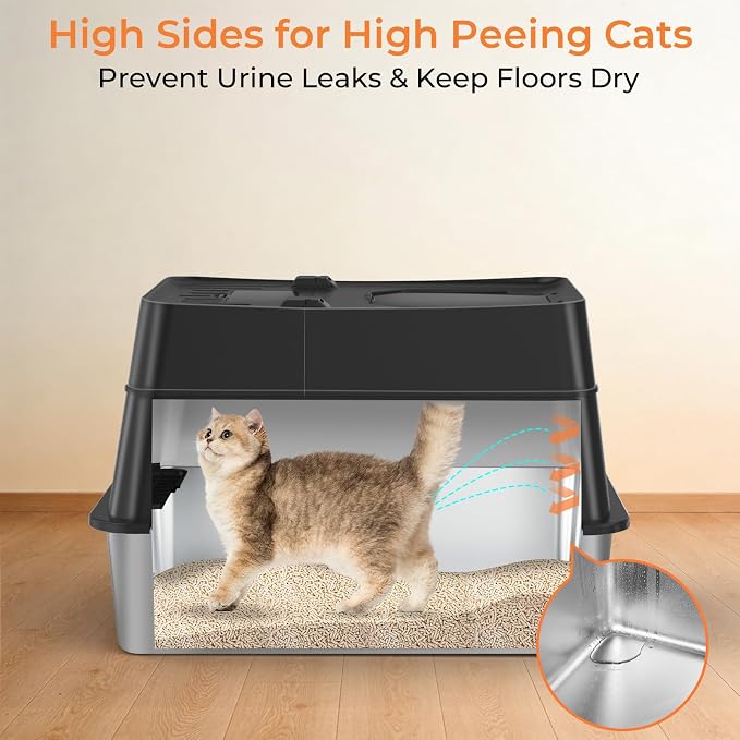 URPOWER Stainless Steel Cat Litter Box with 110° Flip-Top Lid, XL Enclosed Metal Litter Box for Large Cats, Odor Control, Anti-Urine Leakage, Non-Stick Pan, Front Entry Top Exit, Scoop & Mat Included