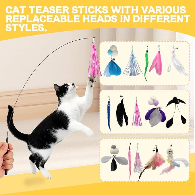 Cat Ball Track Toy, Interactive Cat Toy for Indoor Cats - Cat Wand & Track Ball, 15 Replacement Heads, Anti-Slip Base, Easy Assembly Cat Teaser for Kittens & Adult Cats