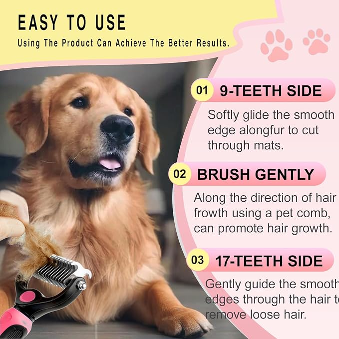 Pet Grooming Rake for Dogs & Cats - Double-Sided Deshedding and Dematting Tool, Gently Remove 95% of Loose Undercoat & Mats for Long-Haired Pets, Painless Fur Brush for Shedding Control (Pink, M)
