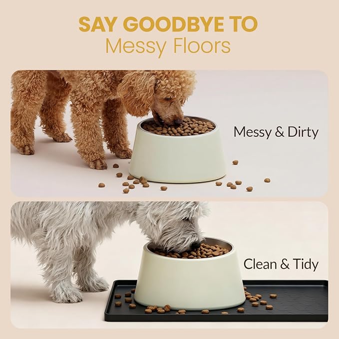 Silicone Pet Feeding Mat - 100% Waterproof Dog & Cat Bowl Pad with Raised Edges - Protects Floors from Messy Eaters & Spills - Anti-Slip, 100% PET-SAFE, Dishwasher Safe (22"x14"x0.4", Black)