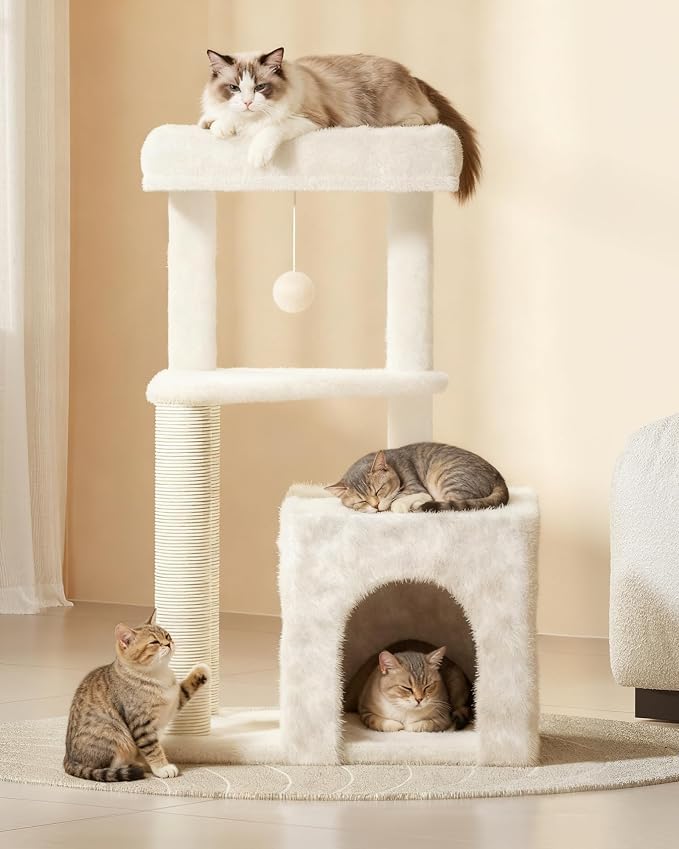 Cat Tree Tower for Indoor Cats, 33 Inches Multi-Level Cat Condo with Scratching Posts, Large Perch, Hanging Toy for Large Adult Cats, Beige