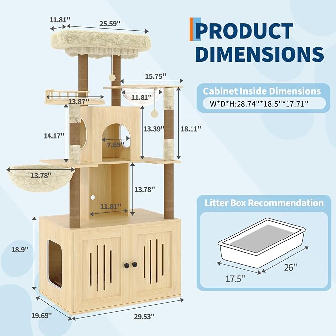 Cat Tree with Litter Box Enclosure, Multi-Level Cat Tower with Hidden Litter Box Furniture, Large Plush Top Perch, Sisal Scratching Posts, Cat Condo & Hammock for Indoor Cats, Living Room,Natural Wood
