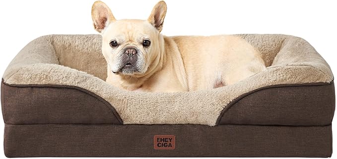 EHEYCIGA Orthopedic Dog Bed for Medium Dog, 30x20 Inch Memory Foam Dog Couch Bed with Sides, Waterproof Liner & Washable Removable Cover, Bolster Pet Sofa, Brown
