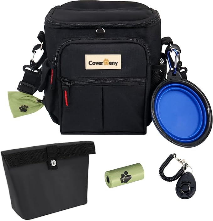 Dog Treat Pouch Open Top for Quick & Spill-Proof Access, Removable Pouch|Poop Bag Dispenser|3 Ways to Wear, Dog Treat Bag - Collapsible Bowl, Training Clicker & Poop Bag for Training & Walking-Black.