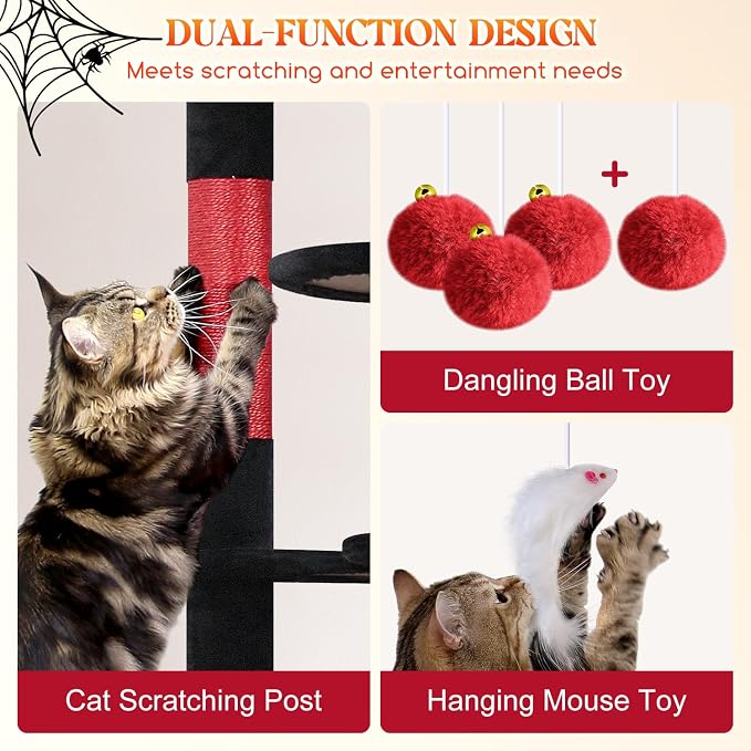 Globlazer Gothic Cat Tree Tower for Multiple Adult Cats, 82in, F82, Goth | XXL Tall Cat Tree Tower for Indoor Cats with Scratching Post, 3 Perches, 2 Condos, 2 Hanging Baskets