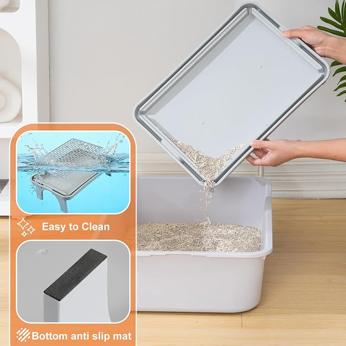 Uross Cat Litter Box Step, Extra Large Litter Box Ramp/Stairs with Detachable Splash-Proof Side Baffles, Anti-Tracking Litter Catcher, Easy to Clean, Non-Slip Step for Small & Elderly Cats (Grey)